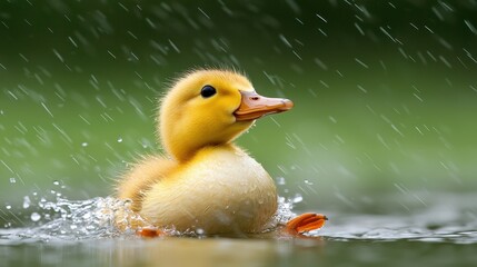 A small yellow duckling swimming in the water in the rain