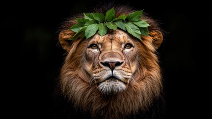 Fototapeta premium A lion with a leaf crown on its head