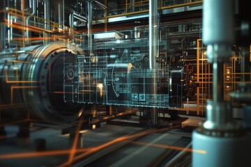 Industrial machinery with digital overlay showcasing advanced manufacturing technology