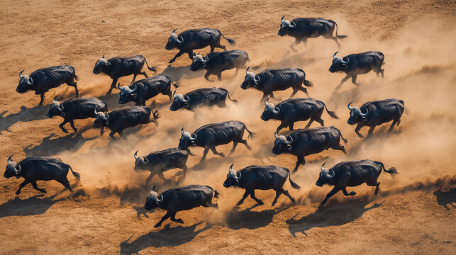 Uma manada de b&uacute;falos correndo em um ambiente &aacute;rido