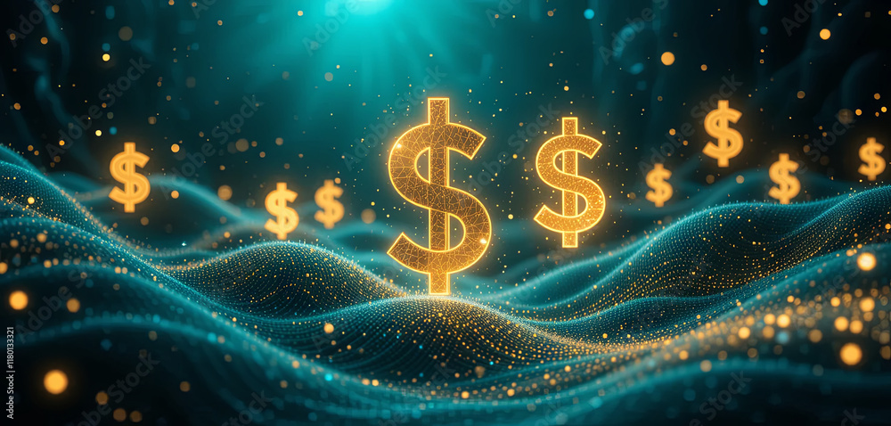 Poster glowing dollar signs float above undulating waves of shimmering particles, creating an enchanting di