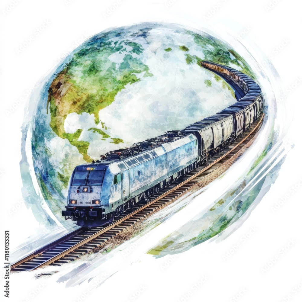 Poster a train with a globe in the background, representing travel and exploration