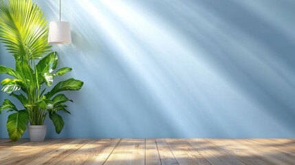 A plant in a pot on a wooden floor in front of a blue wall