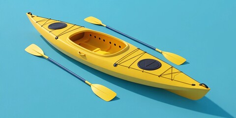 Yellow Kayak with White Paddle on Turquoise Background, 3D Render V8