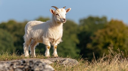 Obraz premium A white goat standing on top of a grass covered hillside