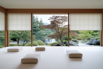 Fototapeta premium Serene japanese zen garden view from minimalist interior room with cushions