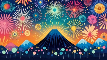 Colorful fireworks illuminate a majestic mountain landscape.