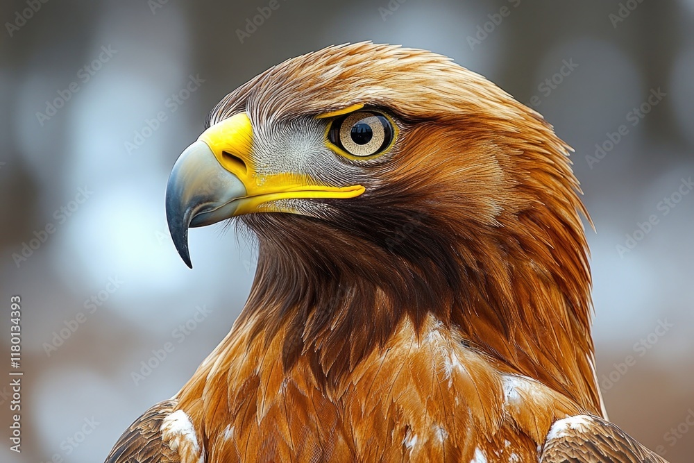 Poster close-up shot of a bird of prey's face, showing its sharp talons and piercing eyes