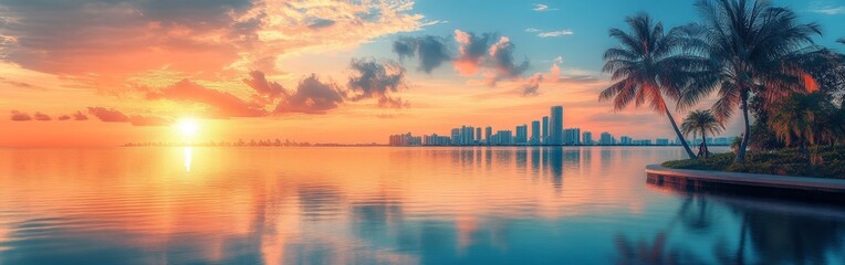 Naklejka premium A vibrant Miami bay sunrise scene with sparkling water and warm hues, evoking tranquility and tropical elegance, perfect for travel promotions.