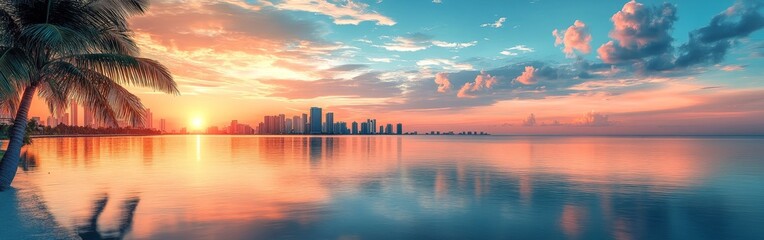 Obraz premium A vibrant Miami bay sunrise scene with sparkling water and warm hues, evoking tranquility and tropical elegance, perfect for travel promotions.