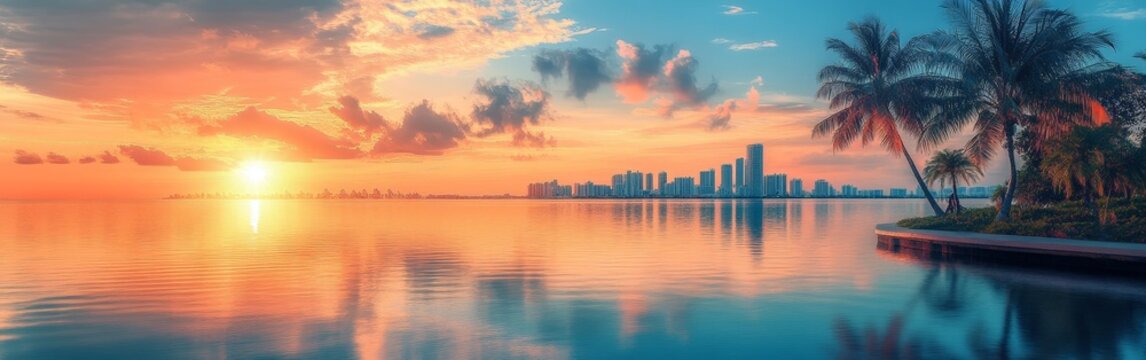 A vibrant Miami bay sunrise scene with sparkling water and warm hues, evoking tranquility and tropical elegance, perfect for travel promotions.