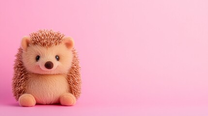 Fototapeta premium Plush hedgehog toy, pink background, soft toy close-up, minimalistic children’s decor, cute animal design, copy space for text, playful kids’ accessory