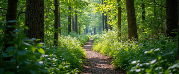 Obraz premium Lush Green Forest Pathway Surrounded by Vibrant Foliage Evoking Serenity and Tranquility in a Sunlit Woodland Landscape