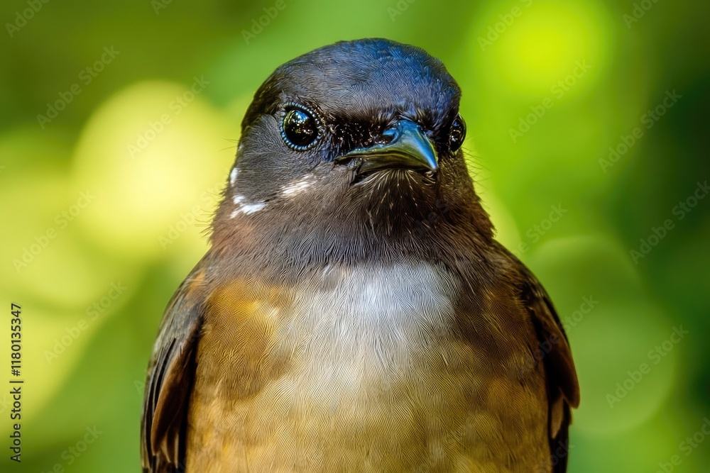 Poster a detailed view of a bird's face with a blurred background