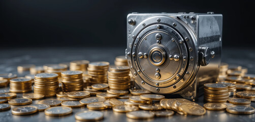 A metallic safe sits prominently among piles of gold coins, emphasizing themes of wealth and security in a dimly lit environment that evokes intrigue and importance