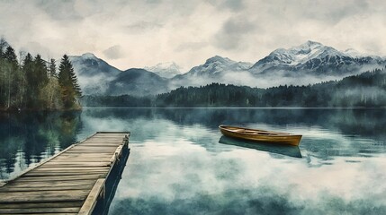 Serene Mountain Lake Scene With Wooden Boat And Dock