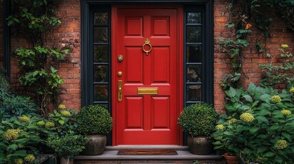front door with a classic red color, brass door knocker, surrounded by a small manicured garden, quaint and charming