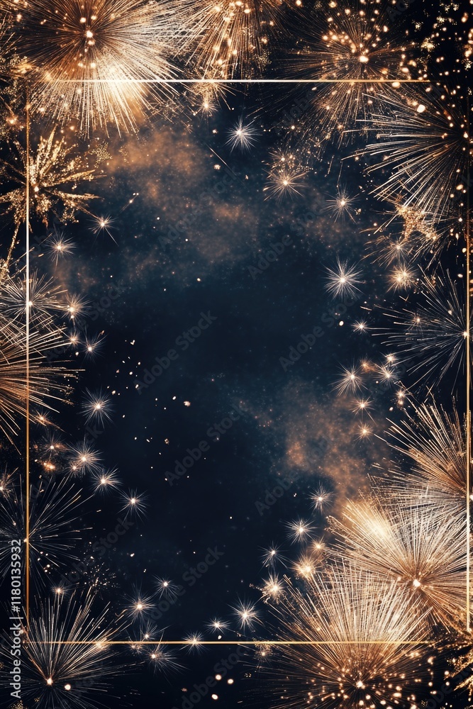 Poster A gold frame with intricate design holds a place of honor as fireworks explode in the background, adding a touch of glamour and excitement