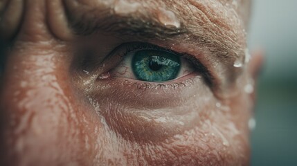  a close up of a person's eye with water droplets on it