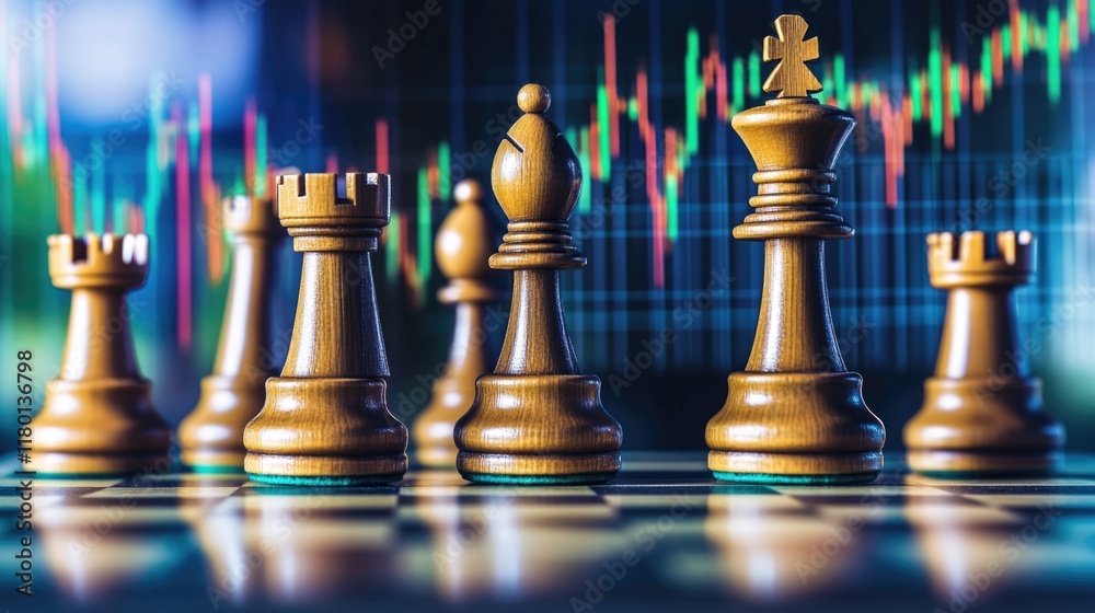 Poster chess game scene with close-up view of pawns and other pieces on the board