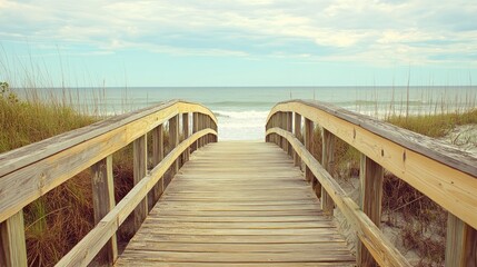 Obraz premium Wooden boardwalk leads to tranquil beach, dune grasses, ocean waves, summer vacation