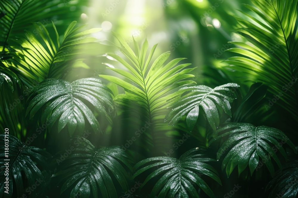 Aufkleber sunlight filtering through palm tree leaves