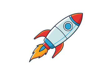 Colorful cartoon rocket icon with flame exhaust, designed in vibrant style, representing space travel, innovation, and creativity