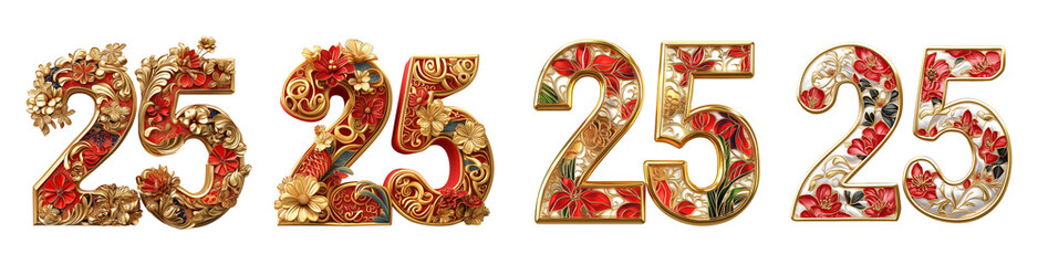 Set of srtistically decorated 25 with Chinese new year style and pattern, gold and red color dominance 3d rendered - isolated png