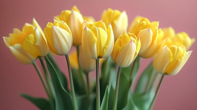 A bouquet of bright yellow tulips arranged in a vase