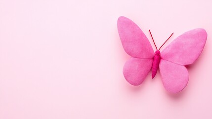 Fototapeta premium Pink butterfly decoration on pastel pink background, soft minimalistic design, close-up photography, kids’ room decor, creative art theme, copy space for text