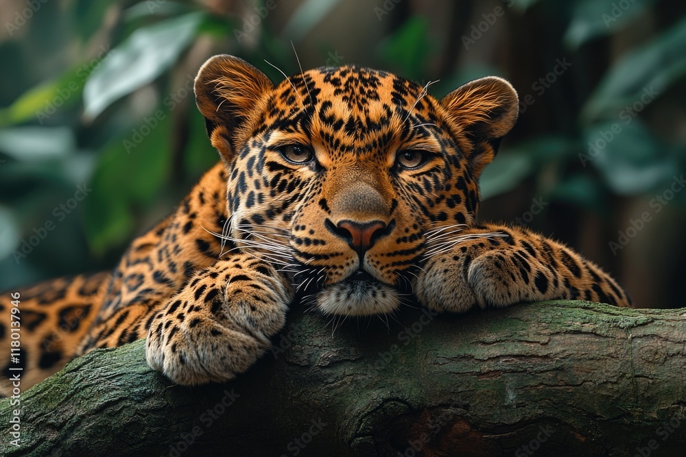 Poster A leopard relaxing on a tree branch