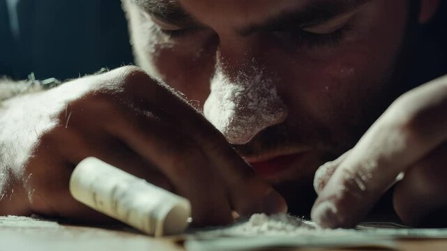 Man sniffing cocaine from table, man illustrating addiction with cocaine powder and intensity.