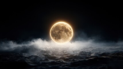 A full moon rising over the ocean with clouds in the foreground