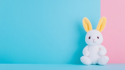 Obraz premium White plush bunny toy, blue and pink background, pastel color palette, minimalistic design, soft toy photography, kids' accessory, copy space for text, childhood decor