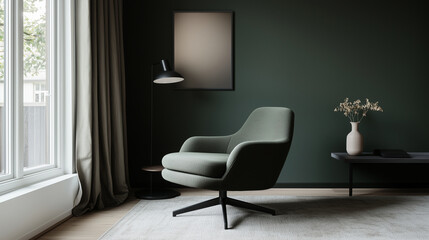 Cozy Living Room with Green Armchair and Dark Green Wall
