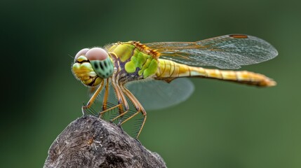 A green dragonfly sitting on top of a rock