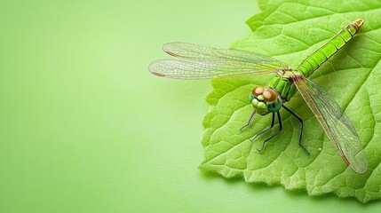 A green dragonfly sitting on top of a green leaf