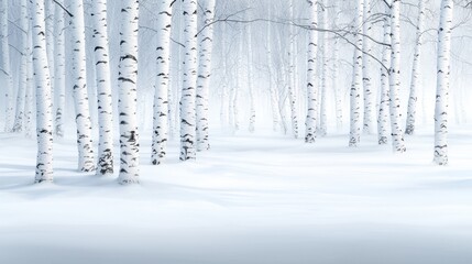 A group of white birch trees in a snowy forest