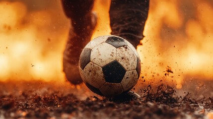 Fototapeta premium A soccer ball in the middle of a field of dirt