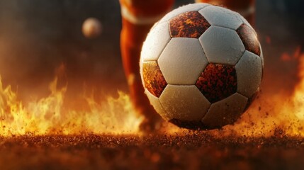 A soccer ball on fire with a soccer player in the background