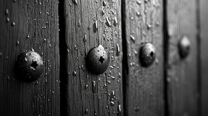 Fototapeta premium A black and white photo of a wooden door with water droplets on it