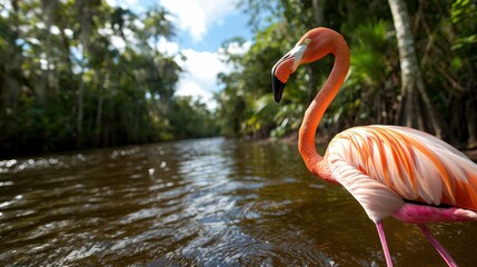 Fototapeta premium A pink flamingo standing in a body of water