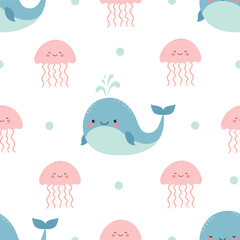Seamless pattern with cute jellyfish and whale. Vector.