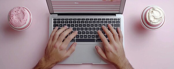 A workspace scene with hands typing on a laptop, surrounded by ice cream drinks.