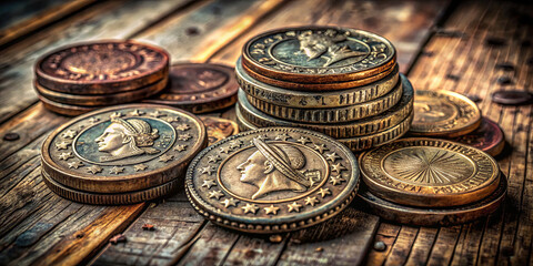 Obraz premium Vintage coins display varied colors and intricate designs, stacked and scattered on a weathered wooden table, showcasing their historical significance and craftsmanship