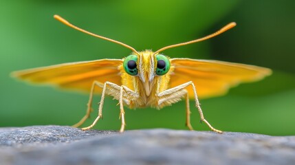 Fototapeta premium A yellow moth with green eyes sitting on a rock