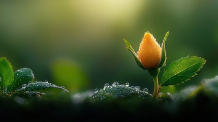 A small yellow rose bud with water droplets on it