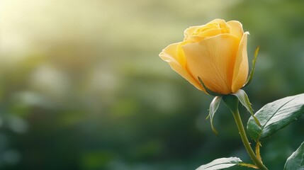 A single yellow rose with green leaves in the background