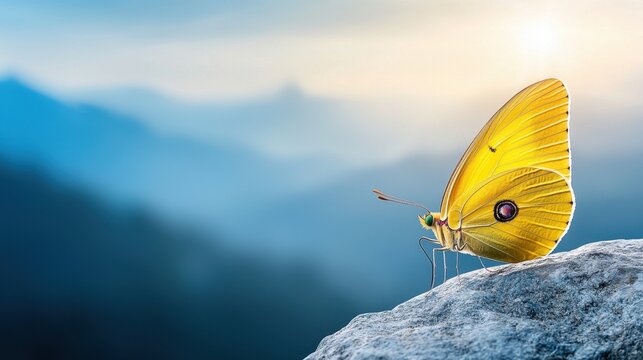 A yellow butterfly sitting on top of a rock