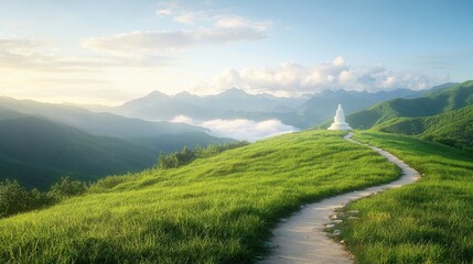 Naklejka premium A path leading to a white statue on top of a lush green hillside